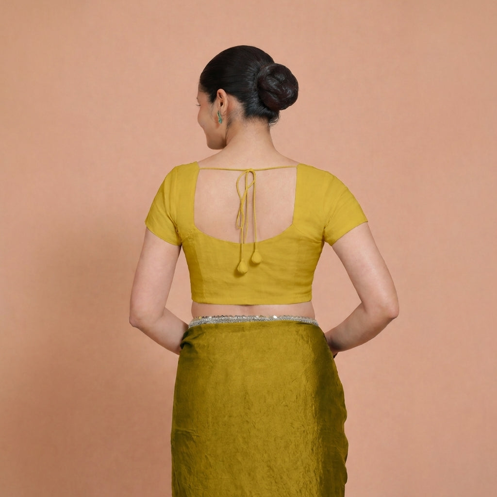 Mansi x Rozaana Saree Blouse, in Yellow 100% Cotton, featuring short sleeves and sweetheart neckline, made for daily & work.
