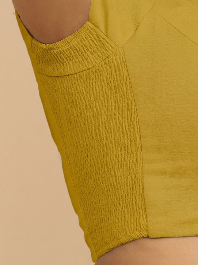Mansi x Rozaana Saree Blouse, in Yellow 100% Cotton, featuring short sleeves and sweetheart neckline, made for daily & work.