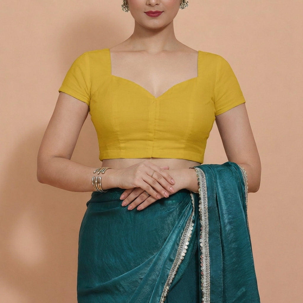 Mansi x Rozaana Saree Blouse, in Yellow 100% Cotton, featuring short sleeves and sweetheart neckline, made for daily & work.