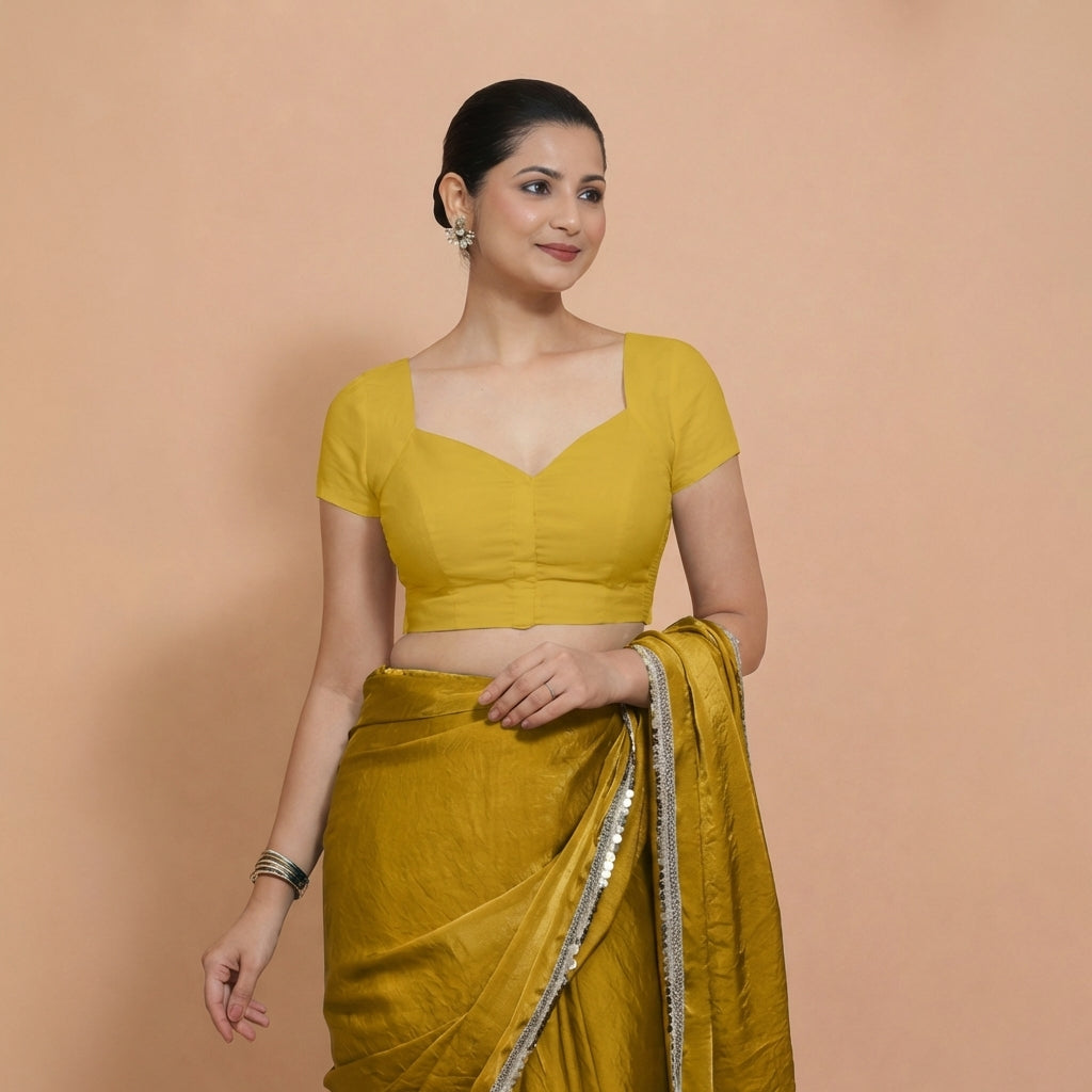 Mansi x Rozaana Saree Blouse, in Yellow 100% Cotton, featuring short sleeves and sweetheart neckline, made for daily & work.