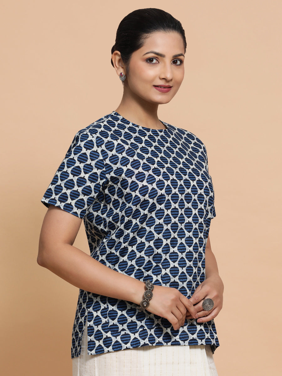 Mariam x Rozaana Saree Blouse, in Blue Cotton, featuring short sleeves and jewel neckline, made for daily & work (view 5).