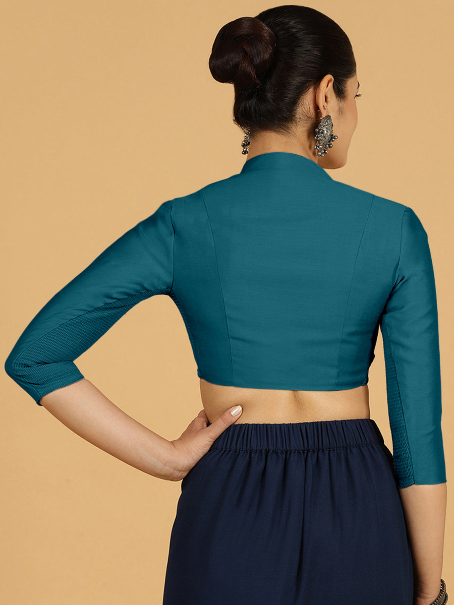 Maya x Rozaana Saree Blouse, in Blue Viscose, featuring three quarter sleeves and stylised neckline, made for daily & work.