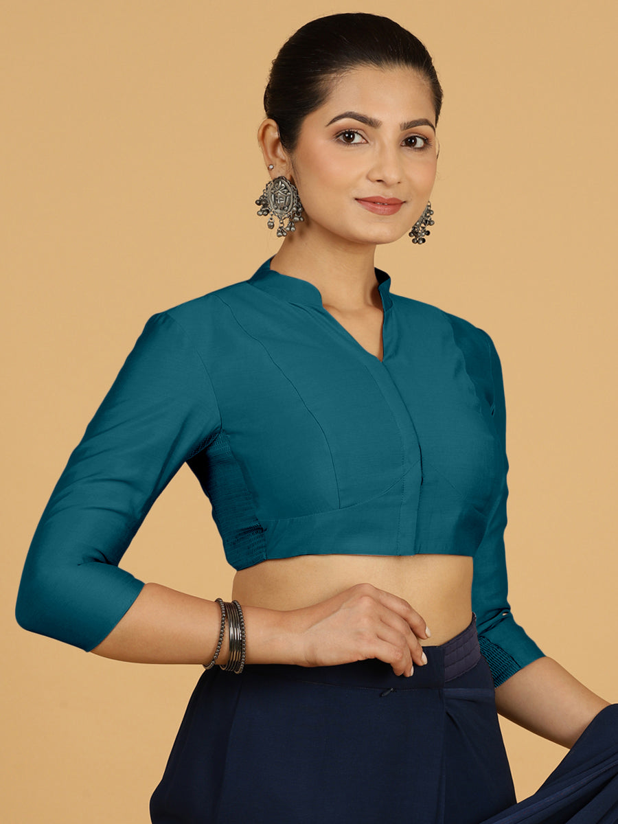 Maya x Rozaana Saree Blouse, in Blue Viscose, featuring three quarter sleeves and stylised neckline, made for daily & work.