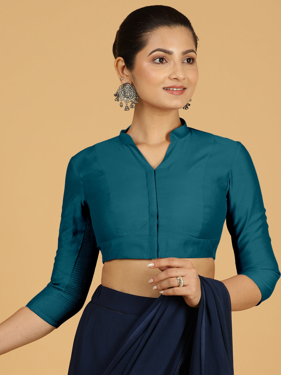Maya x Rozaana Saree Blouse, in Blue Viscose, featuring three quarter sleeves and stylised neckline, made for daily & work.