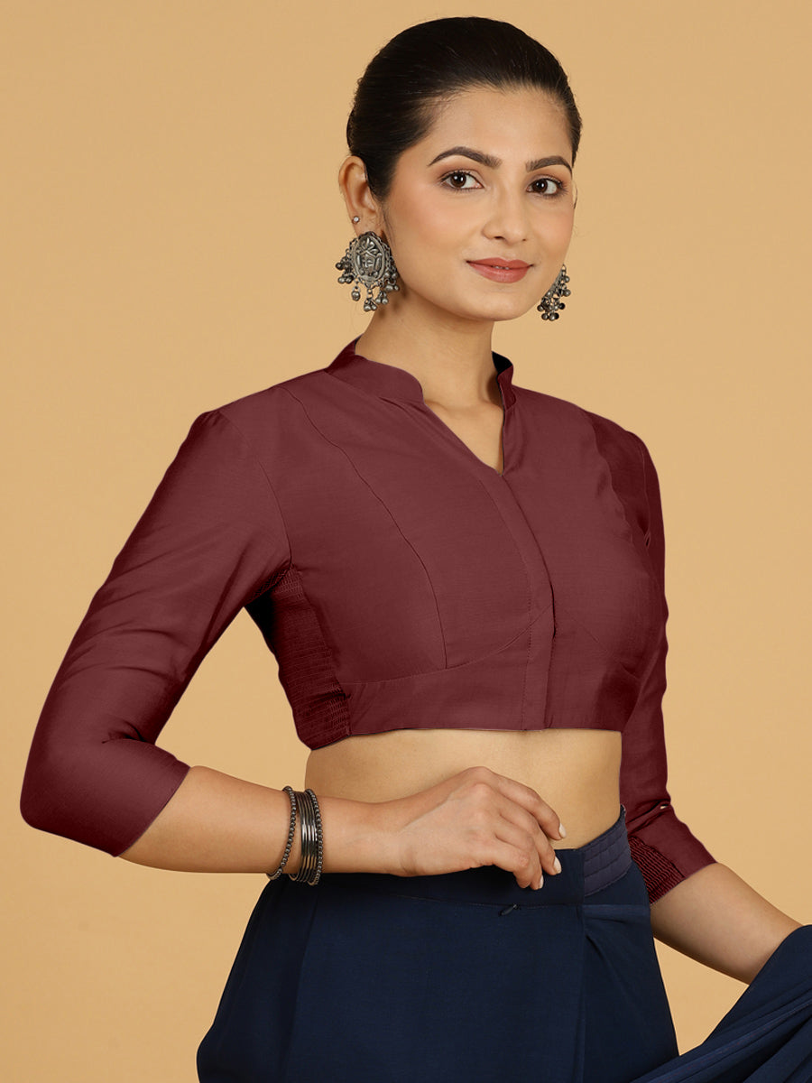 Maya x Rozaana Saree Blouse, in Maroon Viscose, featuring three quarter sleeves and stylised neckline, made for daily & work.