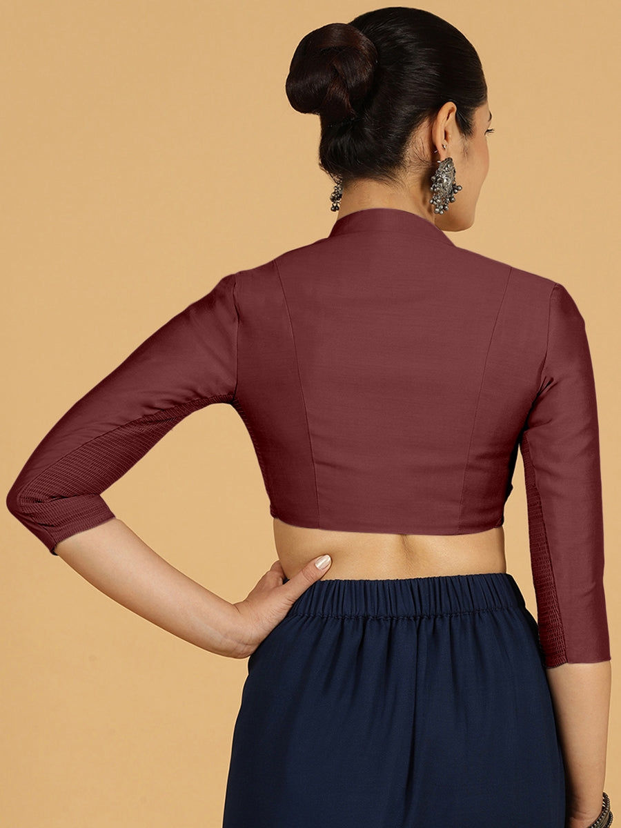 Maya x Rozaana Saree Blouse, in Maroon Viscose, featuring three quarter sleeves and stylised neckline, made for daily & work.