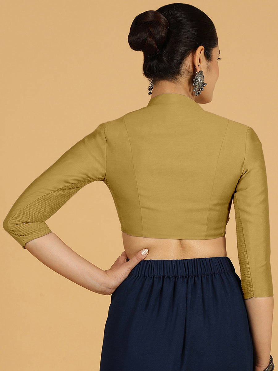 Maya x Rozaana Saree Blouse, in Yellow Viscose, featuring three quarter sleeves and stylised neckline, made for daily & work.