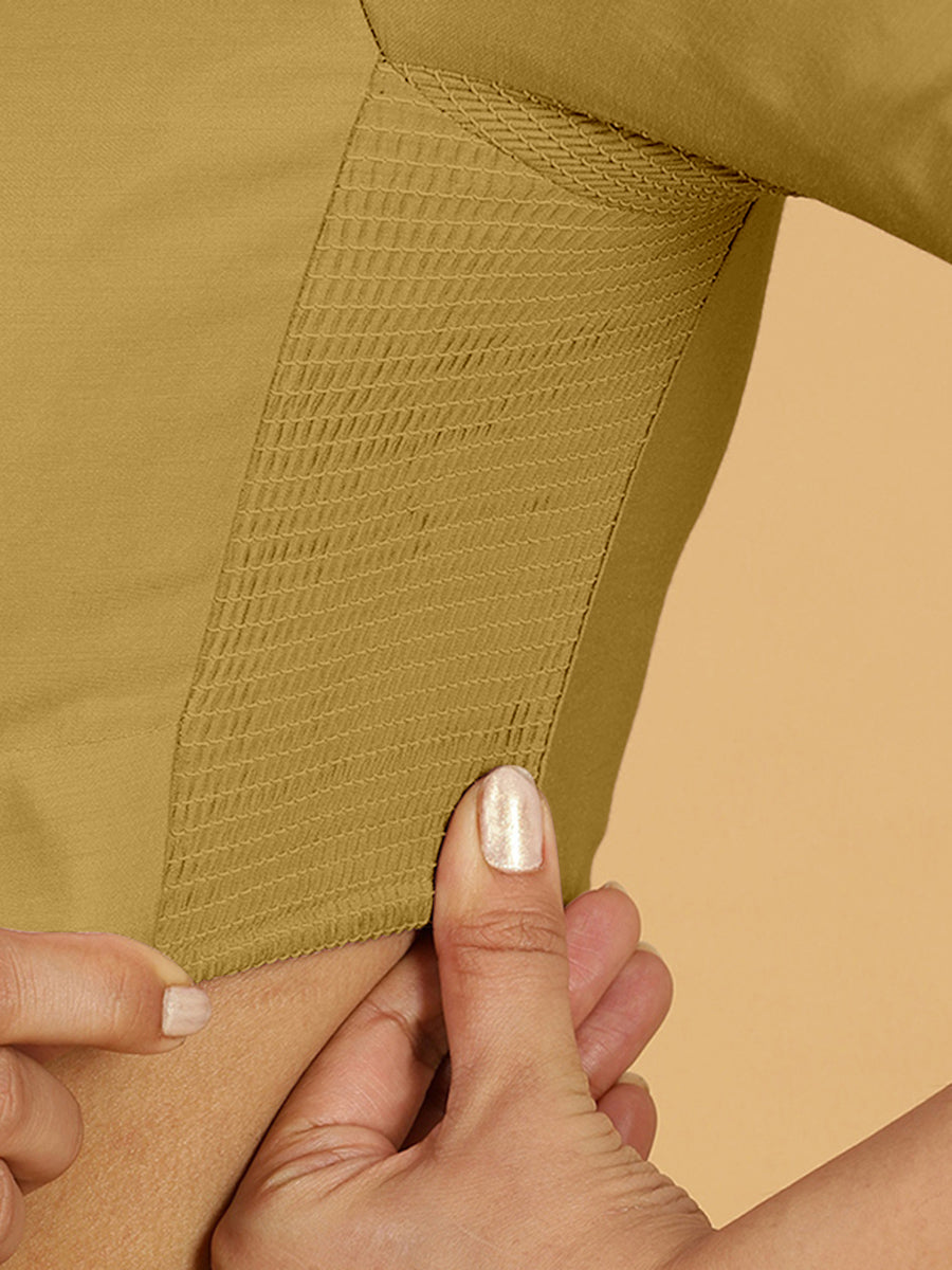 Maya x Rozaana Saree Blouse, in Yellow Viscose, featuring three quarter sleeves and stylised neckline, made for daily & work.