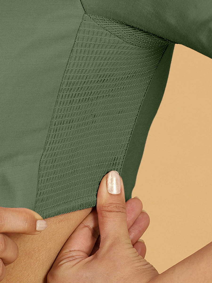 Maya x Rozaana Saree Blouse, in Green Viscose, featuring three quarter sleeves and stylised neckline, made for daily & work.