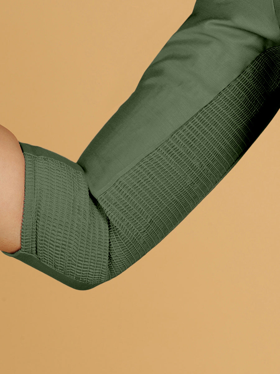 Maya x Rozaana Saree Blouse, in Green Viscose, featuring three quarter sleeves and stylised neckline, made for daily & work.