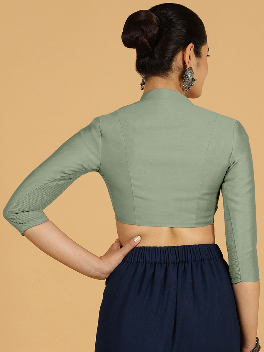 Maya x Rozaana Saree Blouse, in Green Viscose, featuring three quarter sleeves and stylised neckline, made for daily & work.