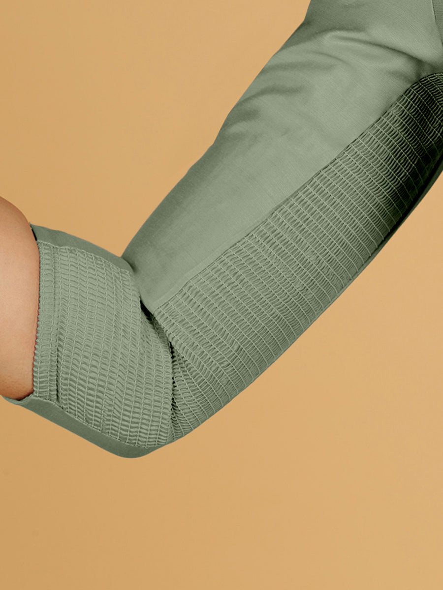 Maya x Rozaana Saree Blouse, in Green Viscose, featuring three quarter sleeves and stylised neckline, made for daily & work.