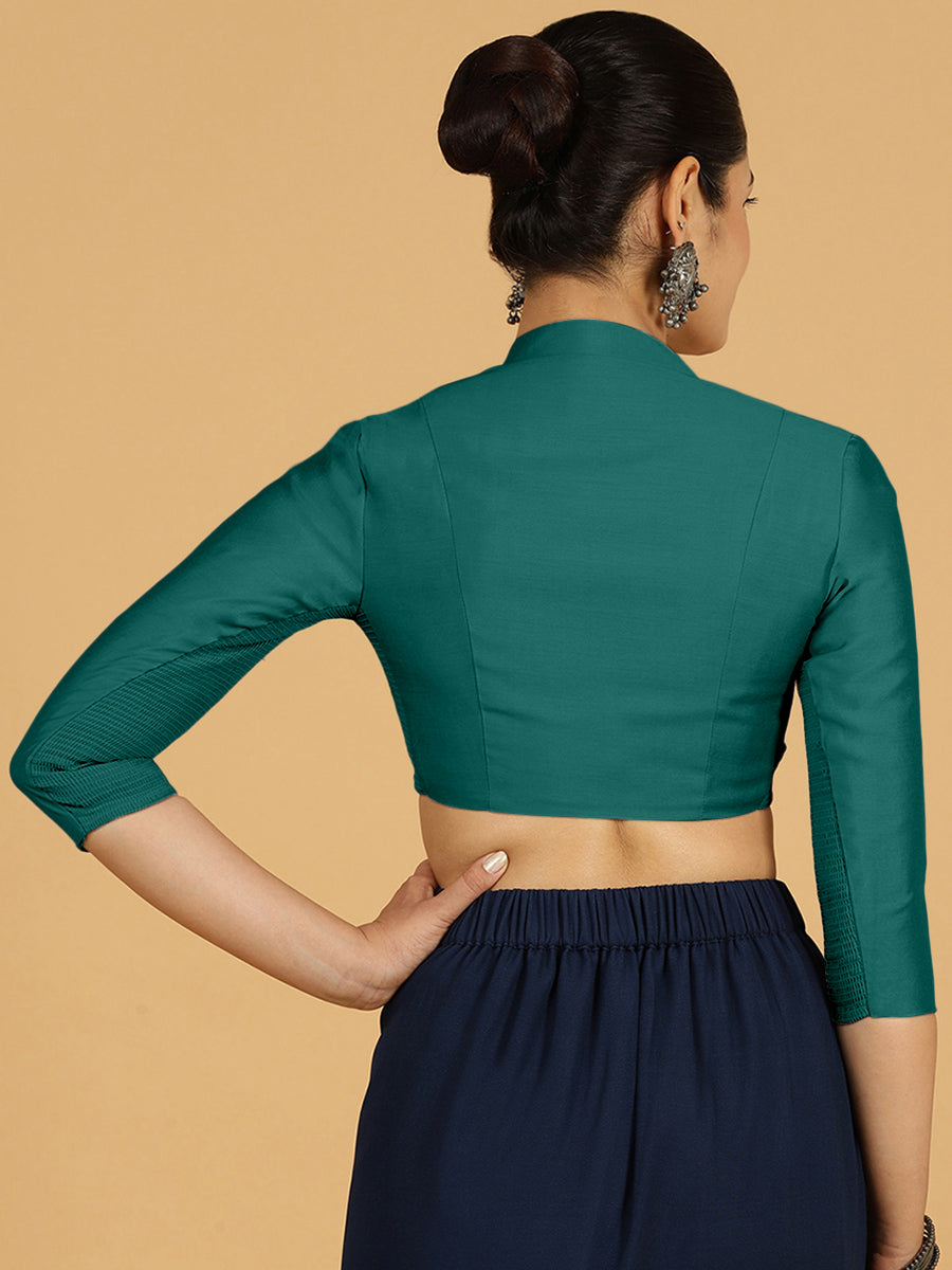 Maya x Rozaana Saree Blouse, in Green Viscose, featuring three quarter sleeves and stylised neckline, made for daily & work.
