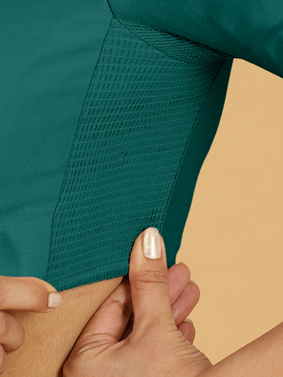 Maya x Rozaana Saree Blouse, in Green Viscose, featuring three quarter sleeves and stylised neckline, made for daily & work.
