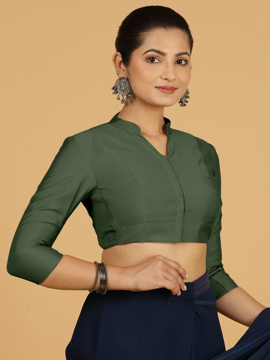 Maya x Rozaana Saree Blouse, in Green Viscose, featuring three quarter sleeves and stylised neckline, made for daily & work.