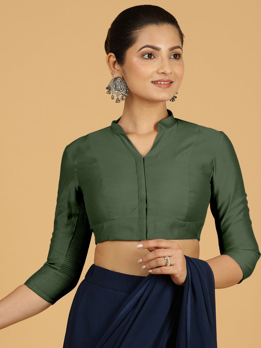 Maya x Rozaana Saree Blouse, in Green Viscose, featuring three quarter sleeves and stylised neckline, made for daily & work.