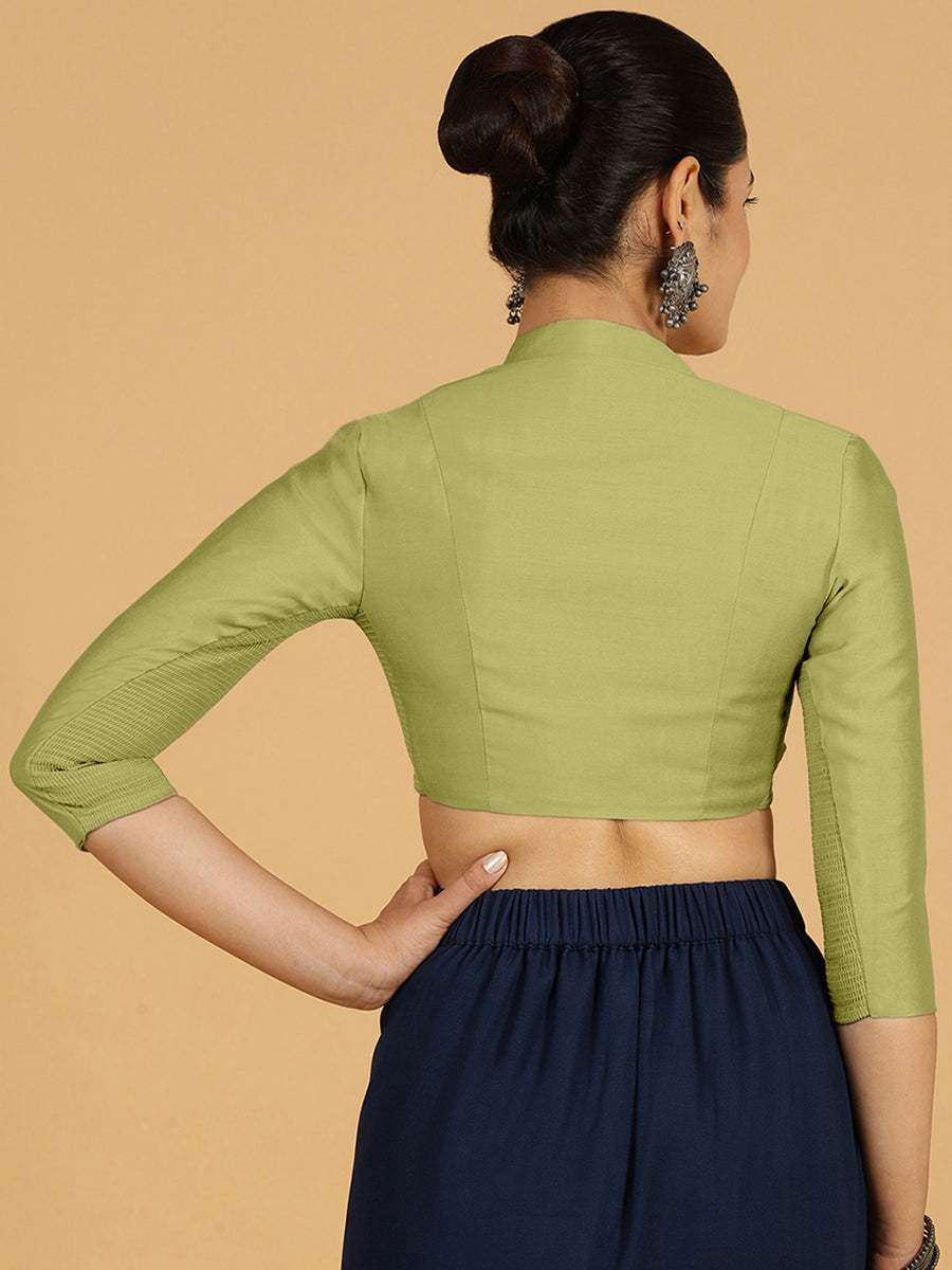 Maya x Rozaana Saree Blouse, in Green Viscose, featuring three quarter sleeves and sweetheart neckline (view 2).