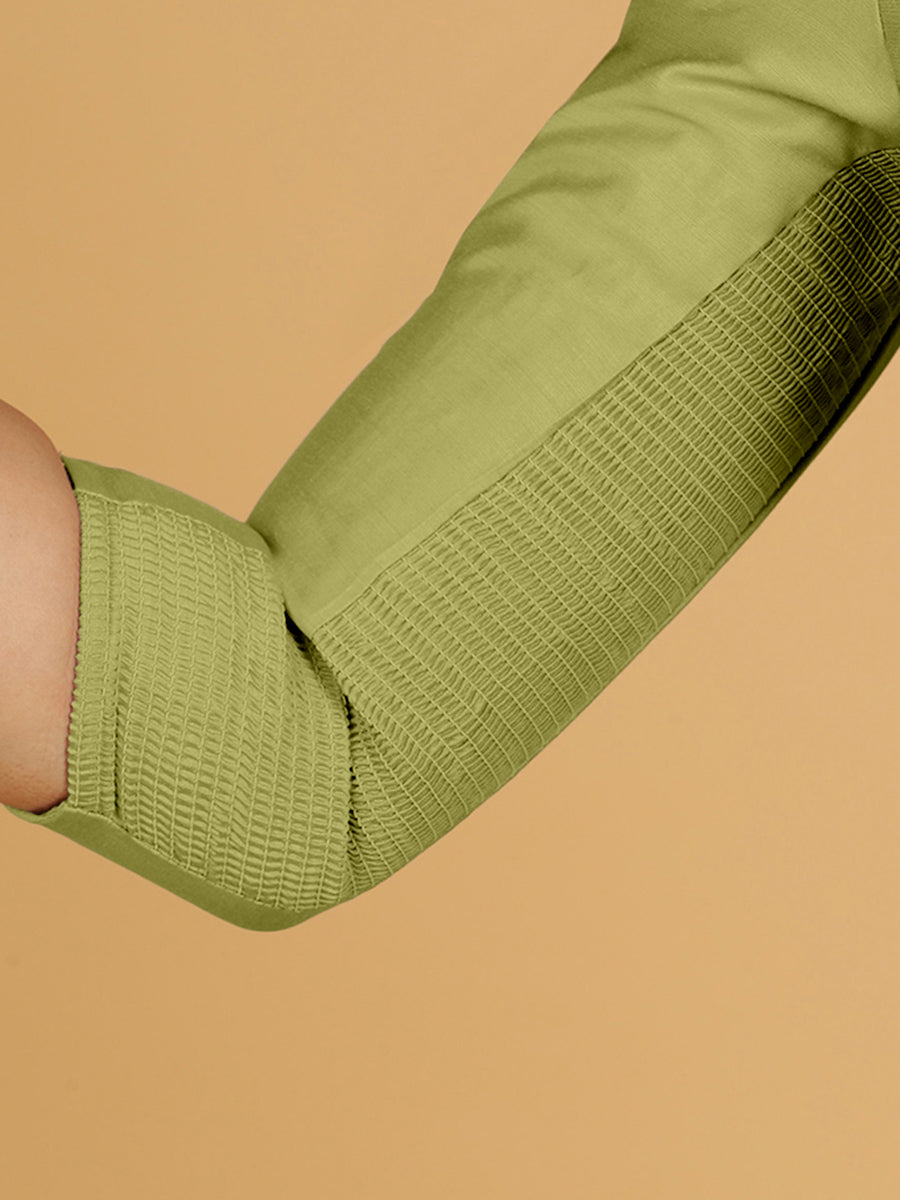 Maya x Rozaana Saree Blouse, in Green Viscose, featuring three quarter sleeves and sweetheart neckline (view 5).