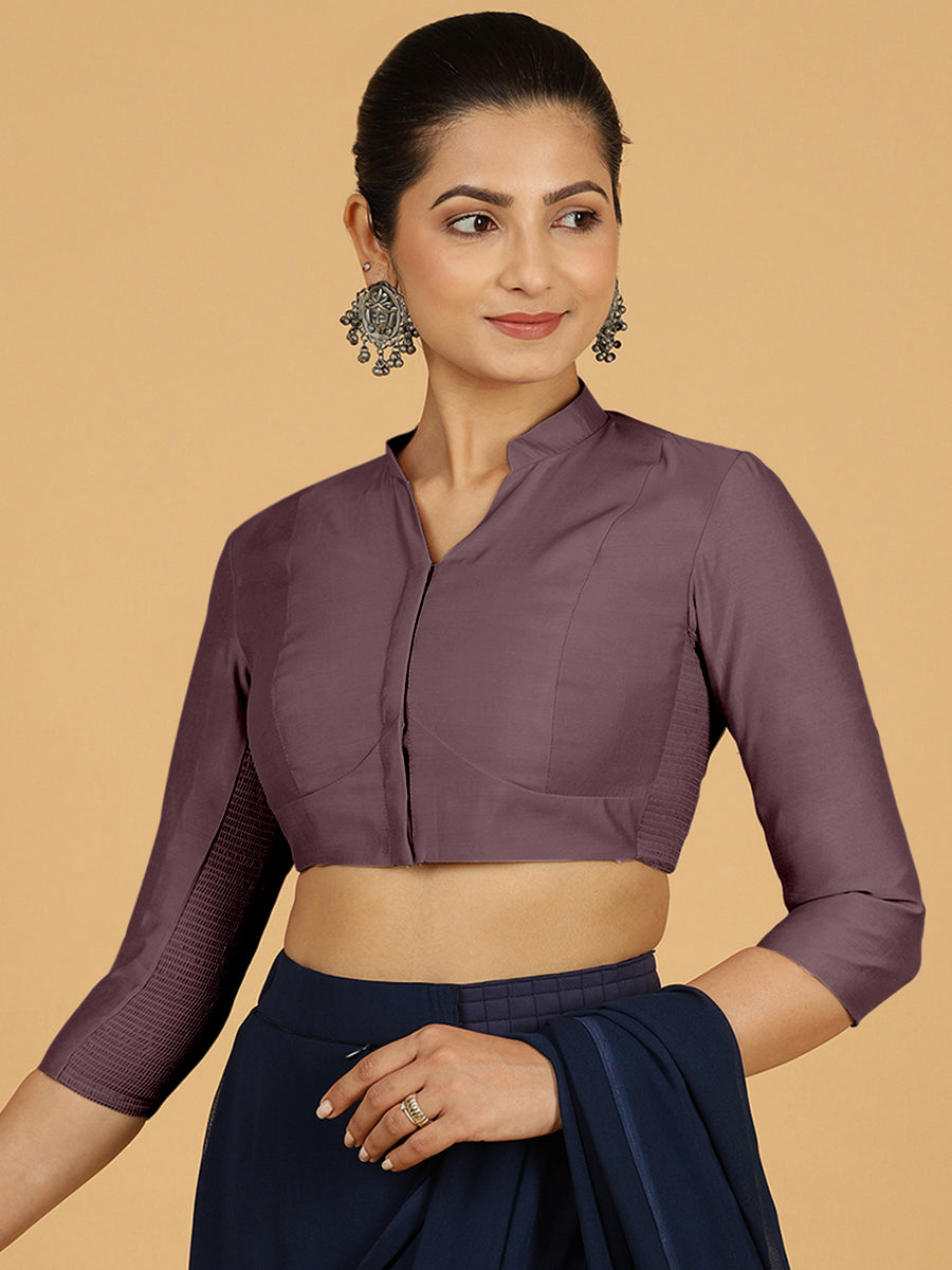 Maya x Rozaana Saree Blouse, in Purple Viscose, featuring three quarter sleeves and stylised neckline, made for daily & work.