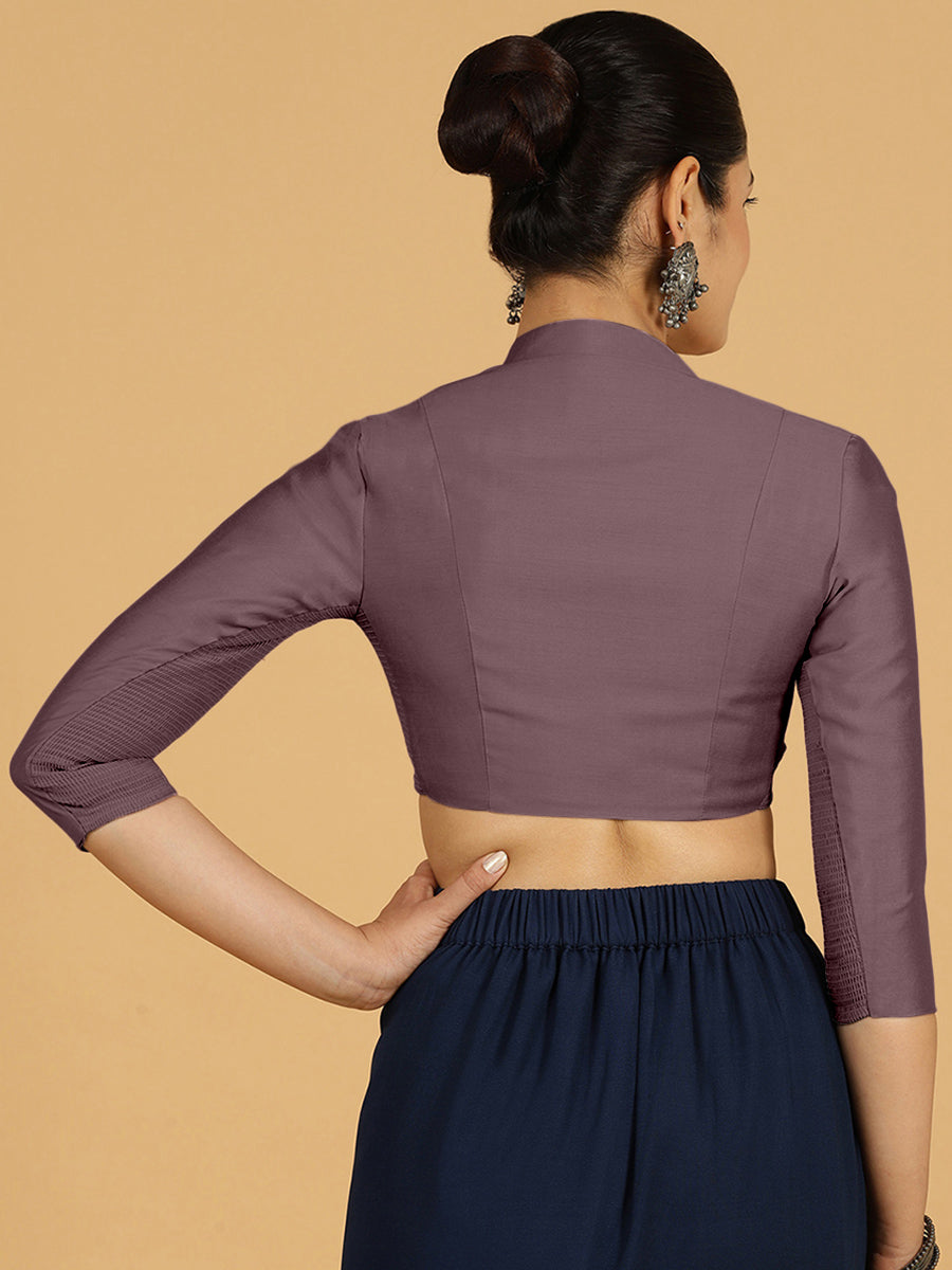 Maya x Rozaana Saree Blouse, in Purple Viscose, featuring three quarter sleeves and stylised neckline, made for daily & work.