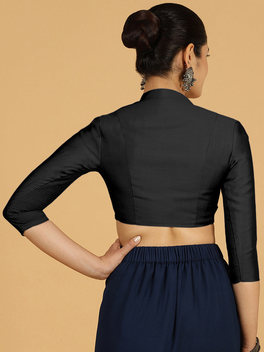 Maya x Rozaana Saree Blouse, in Black Viscose, featuring three quarter sleeves and stylised neckline, made for daily & work.