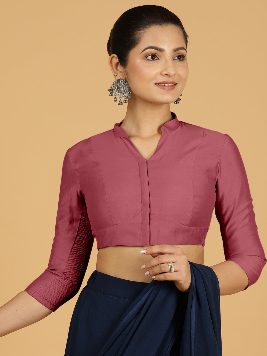 Maya x Rozaana Saree Blouse, in Pink Viscose, featuring three quarter sleeves and stylised neckline, made for daily & work.