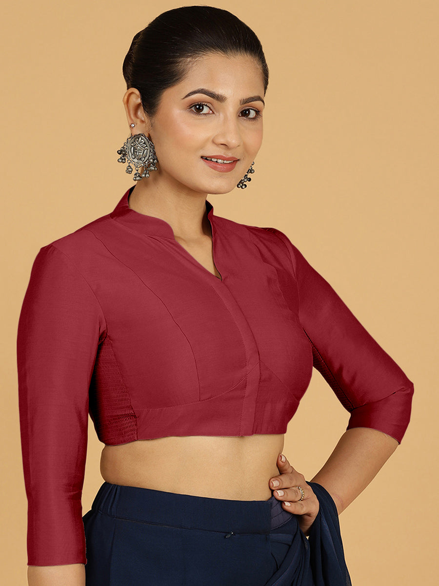 Maya x Rozaana Saree Blouse, in Red Viscose, featuring three quarter sleeves and stylised neckline, made for daily & work.