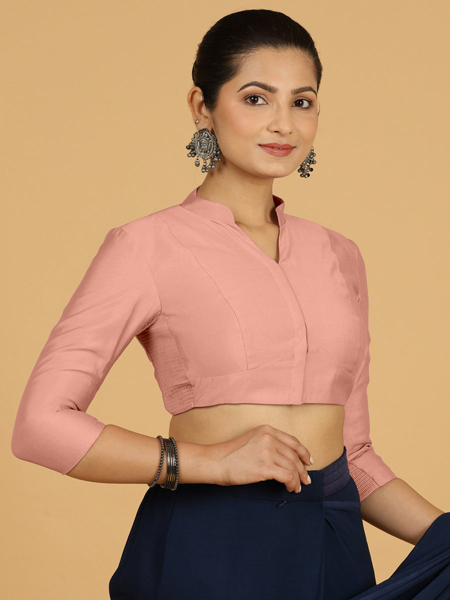 Maya x Rozaana Saree Blouse, in Pink Viscose, featuring three quarter sleeves and stylised neckline, made for daily & work.