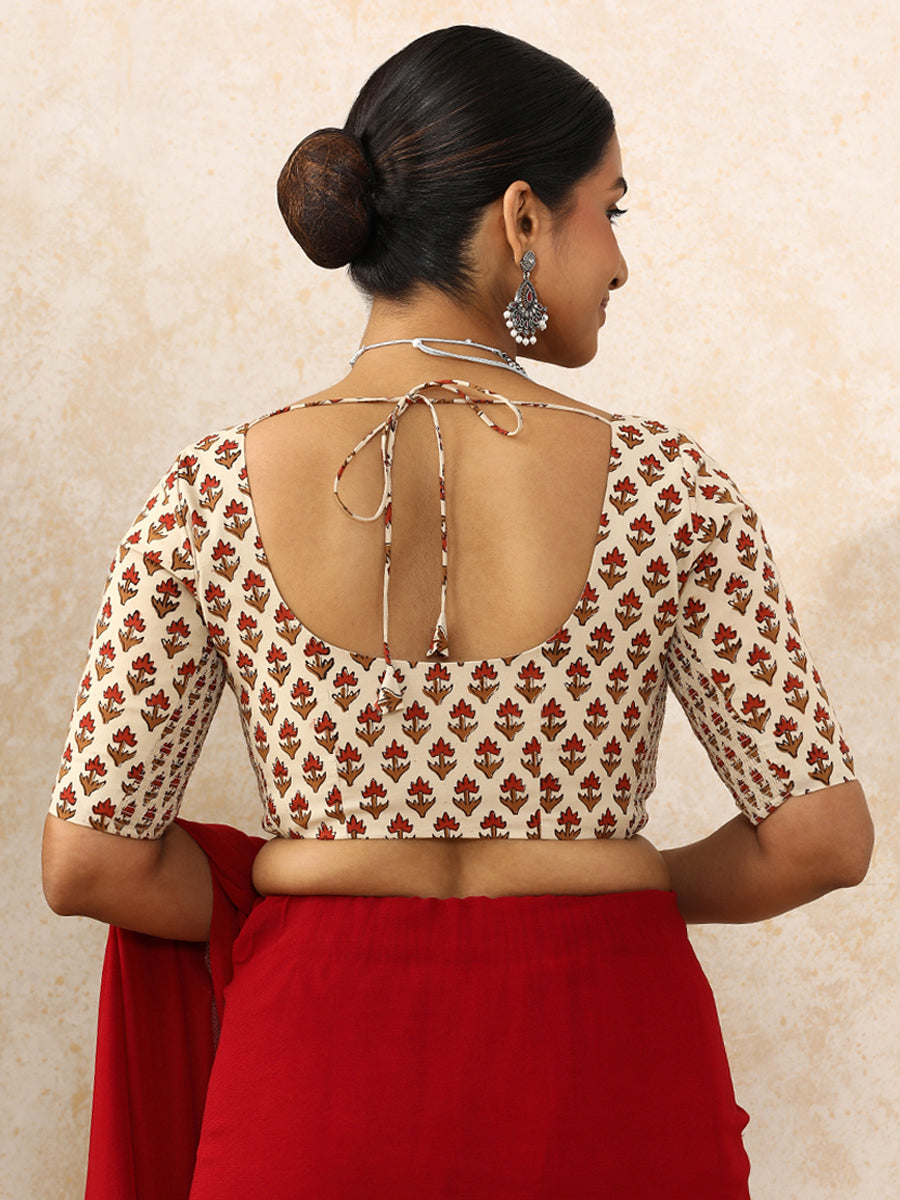 Meera x Rozaana Saree Blouse, in Cream 100% Cotton - Block Printed, featuring elbow sleeves and round neckline (view 2).