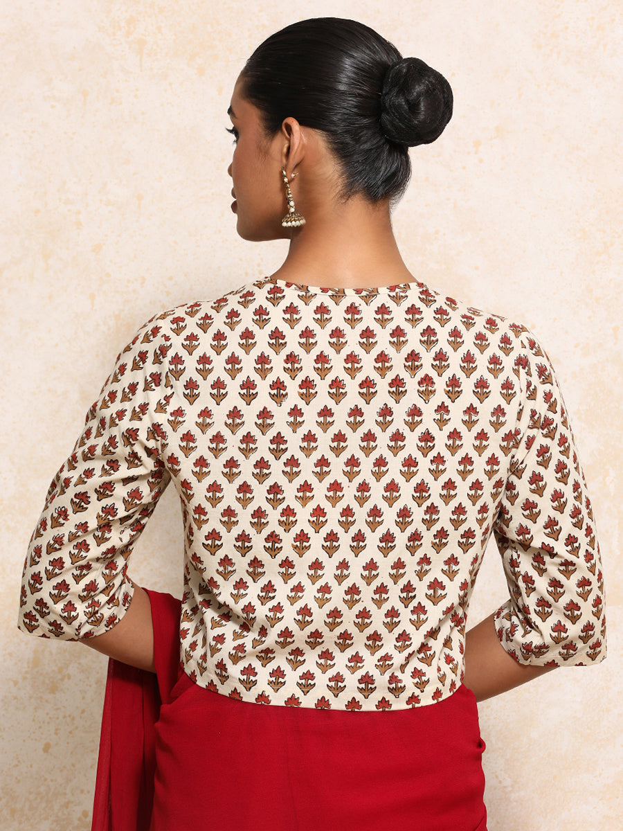 Megha x Rozaana Saree Blouse, in Cream 100% Cotton - Block Printed, featuring elbow sleeves and jewel neckline (view 2).