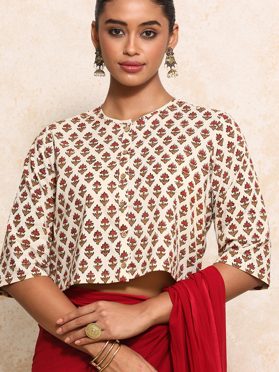Megha x Rozaana Saree Blouse, in Cream 100% Cotton - Block Printed, featuring elbow sleeves and jewel neckline (view 3).