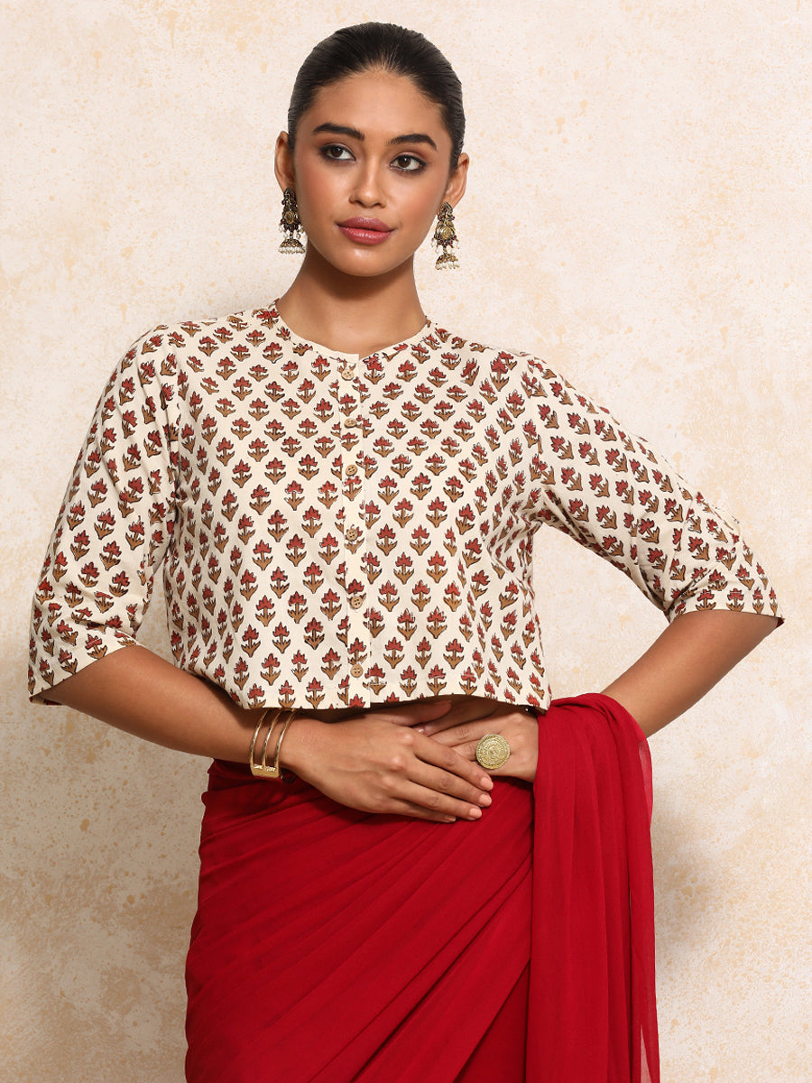 Megha x Rozaana Saree Blouse, in Cream 100% Cotton - Block Printed, featuring elbow sleeves and jewel neckline (view 4).