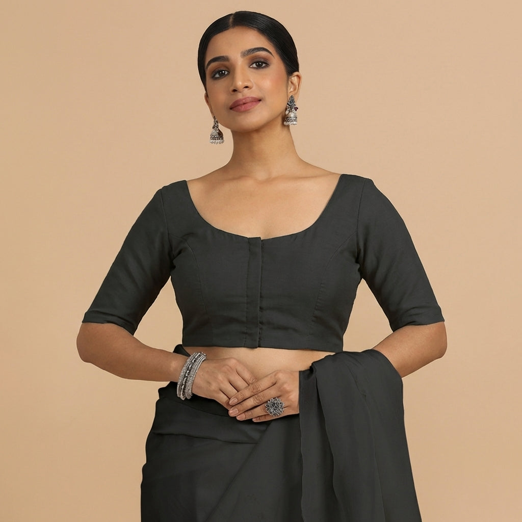 Meghna x Rozaana Saree Blouse, in Black 70% Cotton 30% Linen, featuring elbow sleeves and round neckline (view 5).