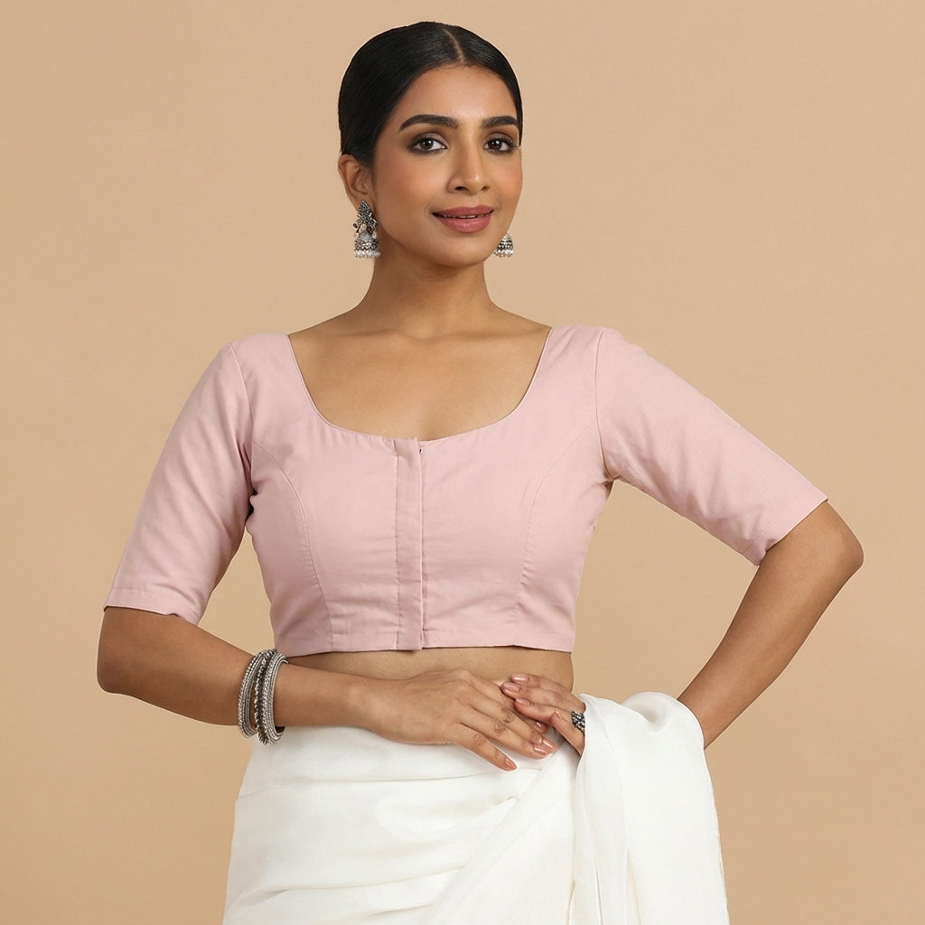 Meghna x Rozaana Saree Blouse, in Pink 70% Cotton 30% Linen, featuring elbow sleeves and round neckline.