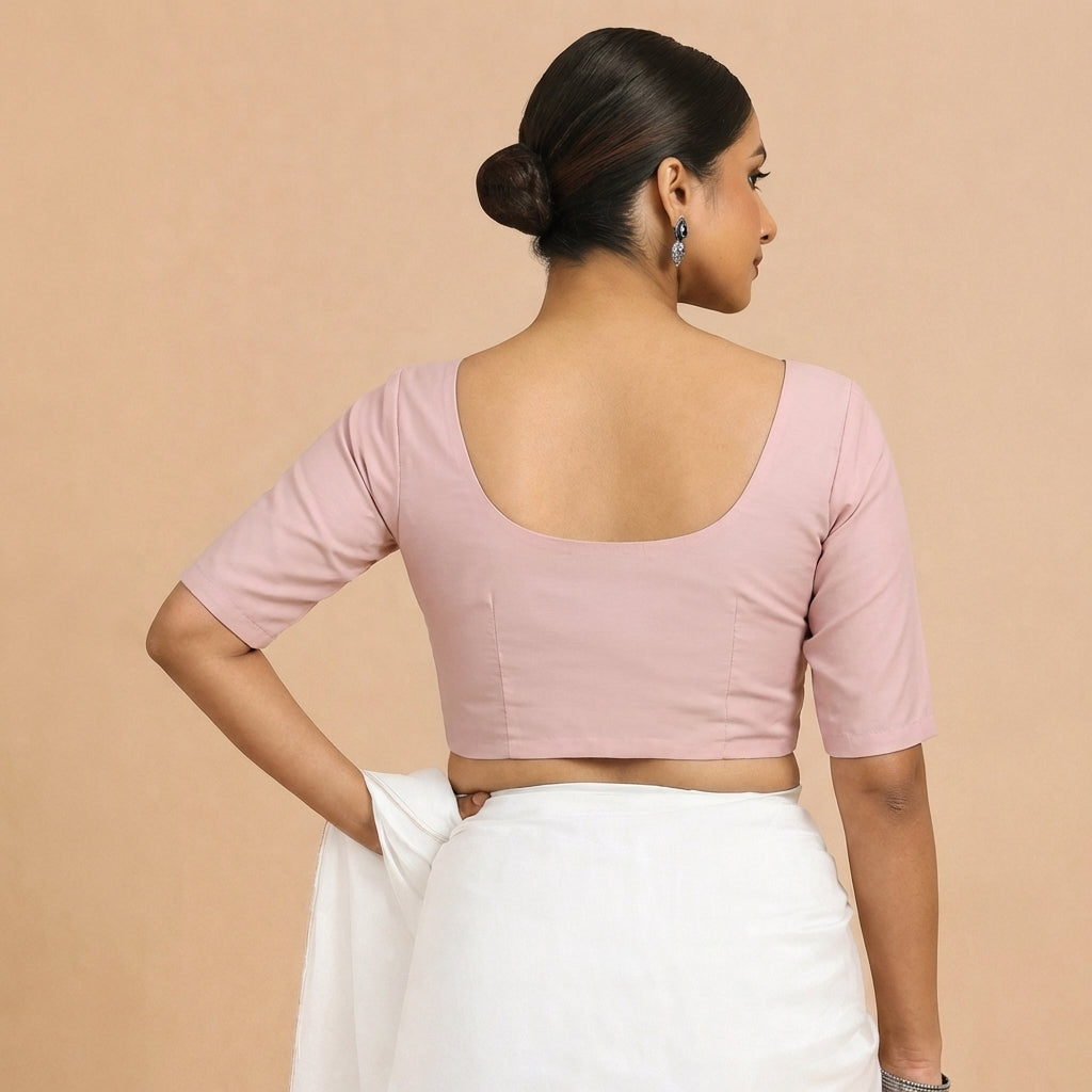 Meghna x Rozaana Saree Blouse, in Pink 70% Cotton 30% Linen, featuring elbow sleeves and round neckline (view 2).
