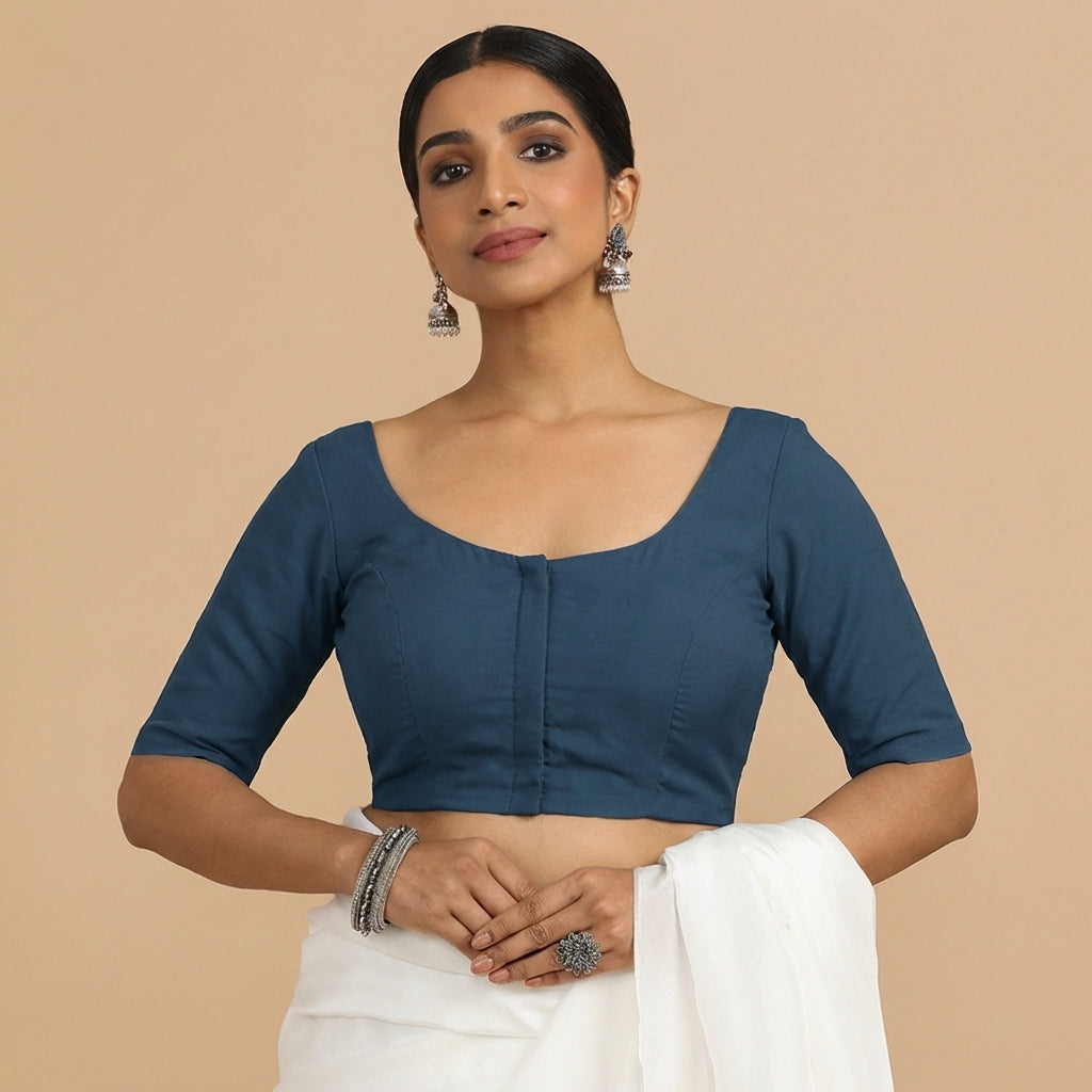 Meghna x Rozaana Saree Blouse, in Blue 70% Cotton 30% Linen, featuring elbow sleeves and round neckline (view 5).