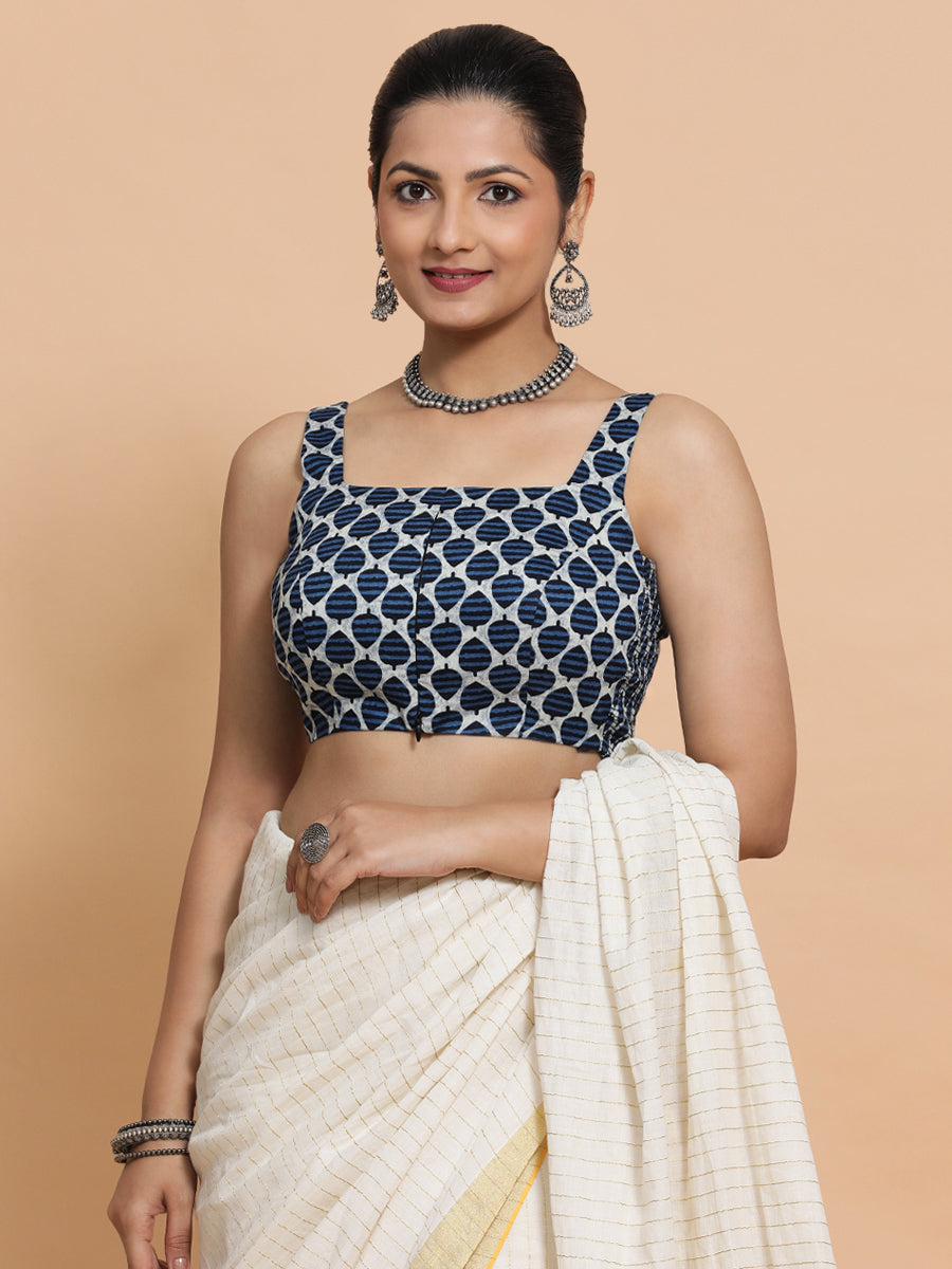 Meher x Rozaana Saree Blouse, in Blue Cotton, featuring sleeveless and square neckline, made for daily & work (view 7).