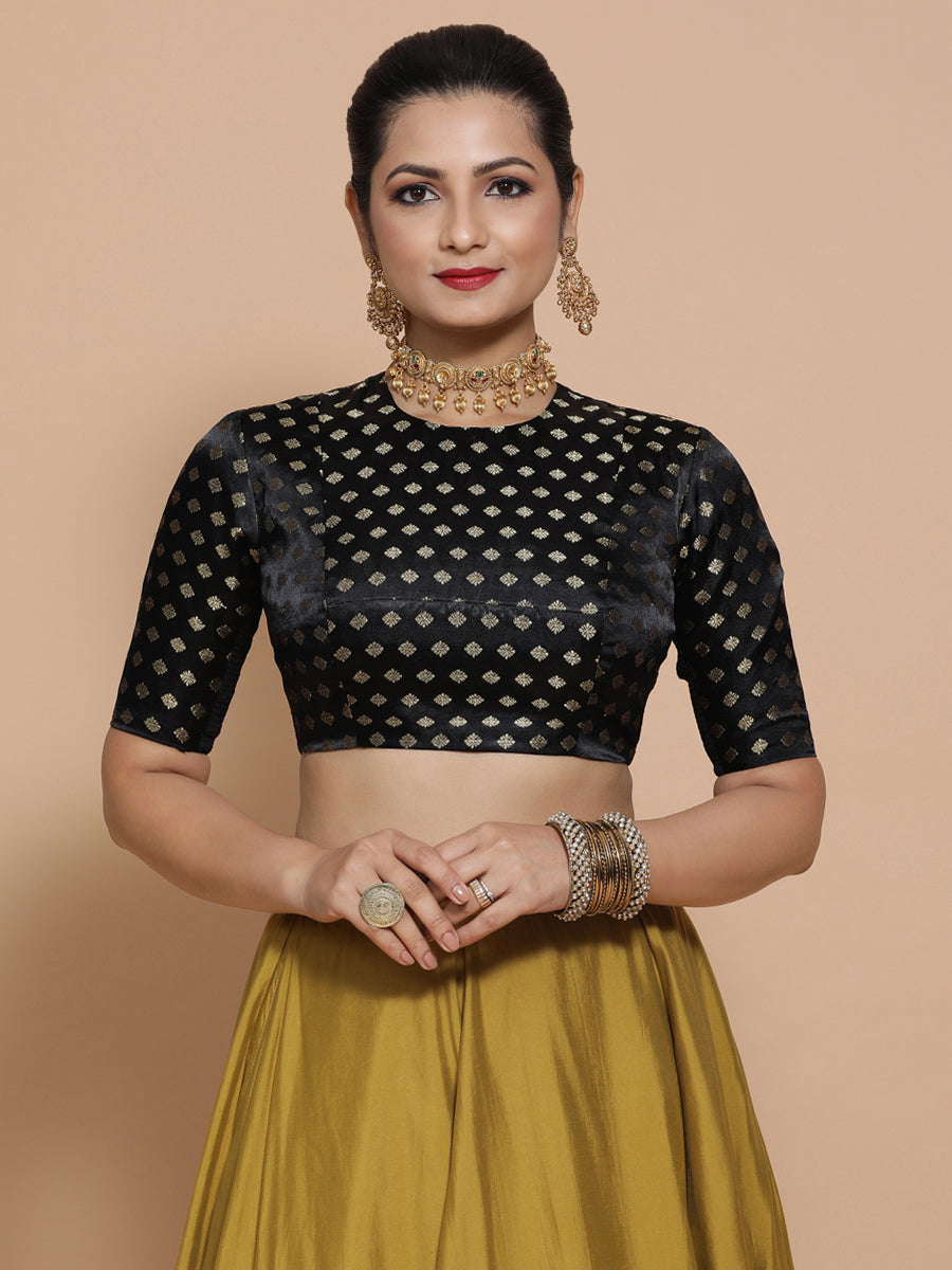 Mihika x Tyohaar | Elbow Sleeves Satin Viscose Saree Blouse in Black Butta Fabric