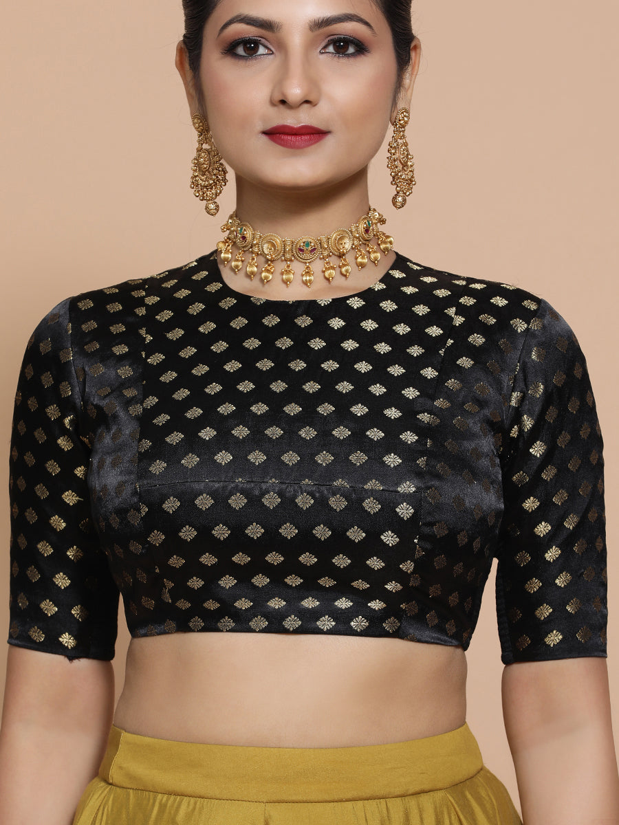 Mihika x Tyohaar Saree Blouse, in Black Embroidery & Brocade, featuring elbow sleeves and jewel neckline (view 6).