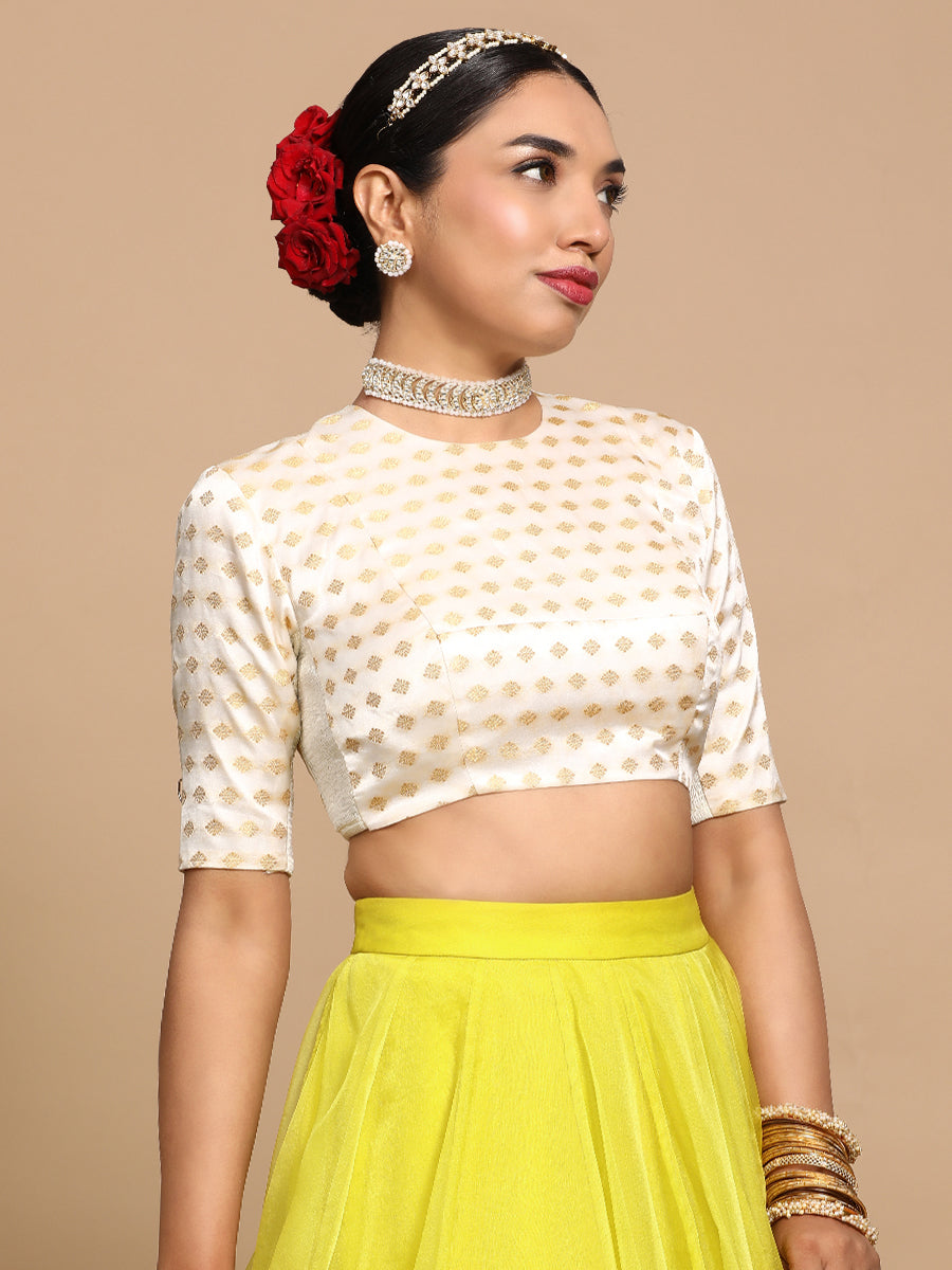 Mihika x Tyohaar Saree Blouse, in Cream Embroidery & Brocade, featuring elbow sleeves and jewel neckline (view 6).