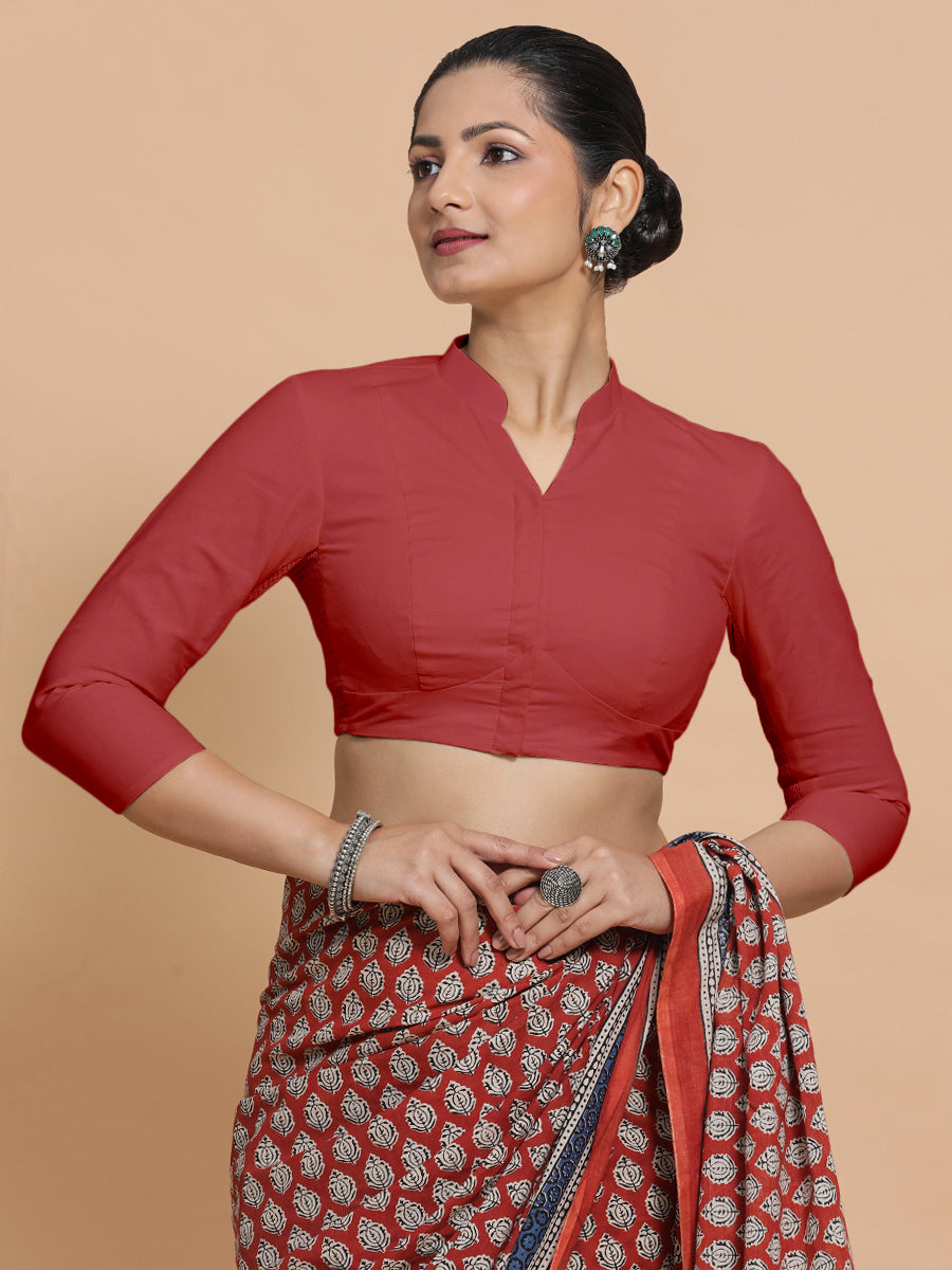 Minal x Rozaana Saree Blouse, in Red 100% Cotton - Solid, featuring three quarter sleeves and mandarin collar neckline (view 6).