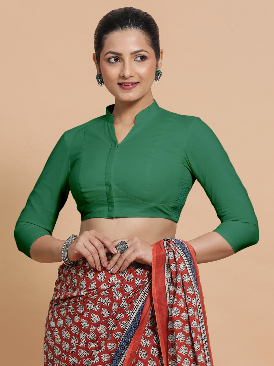 Minal x Rozaana Saree Blouse, in Green 100% Cotton - Solid, featuring three quarter sleeves and mandarin collar neckline.