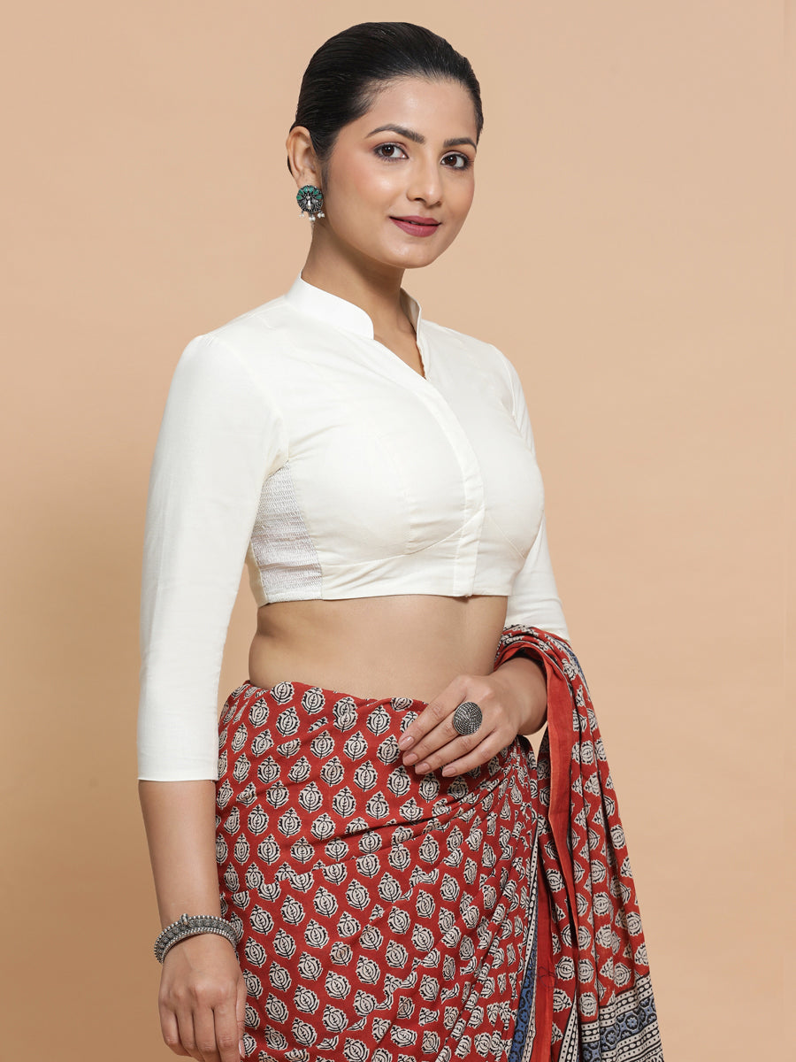 Minal x Rozaana Saree Blouse, in Cream Cotton, featuring three quarter sleeves and mandarin collar neckline (view 6).