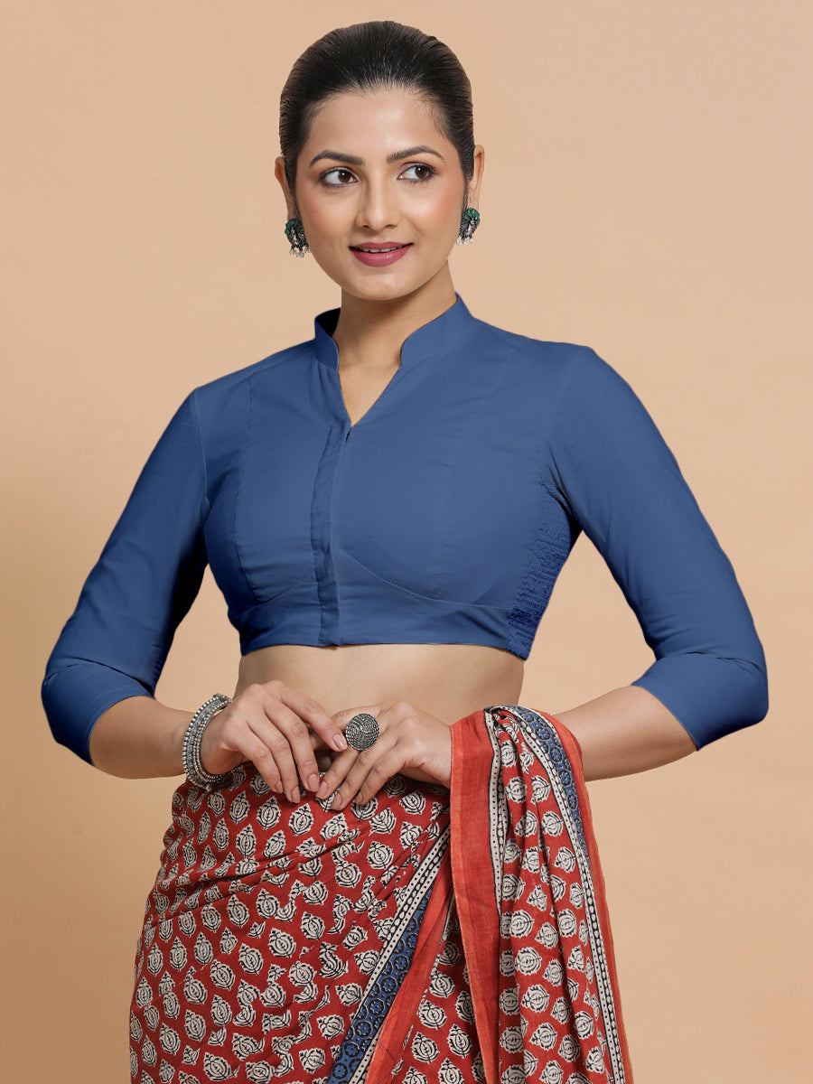 Minal x Rozaana Saree Blouse, in Blue 100% Cotton - Solid, featuring three quarter sleeves and mandarin collar neckline.