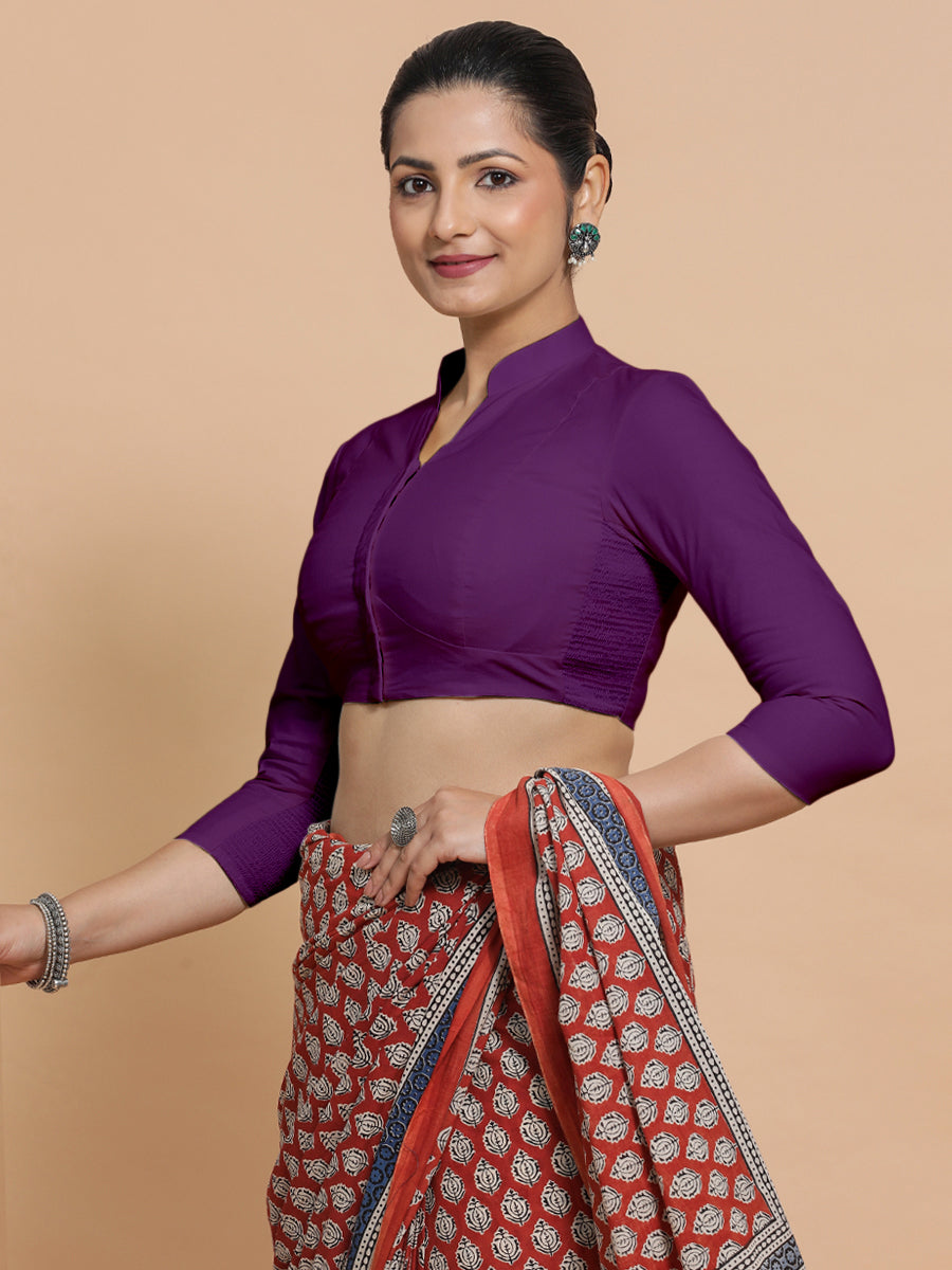Minal x Rozaana Saree Blouse, in Purple Cotton, featuring three quarter sleeves and mandarin collar neckline.