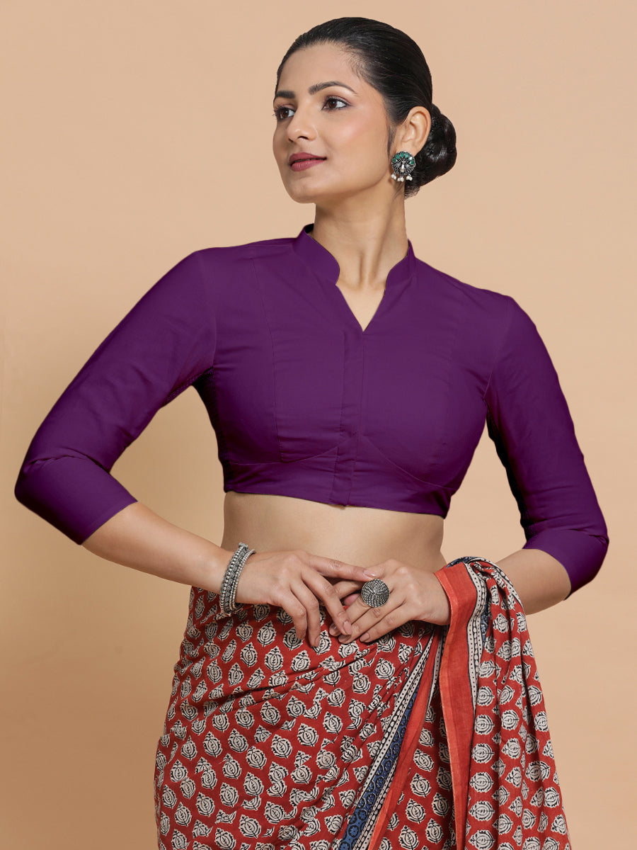 Minal x Rozaana Saree Blouse, in Purple Cotton, featuring three quarter sleeves and mandarin collar neckline (view 6).