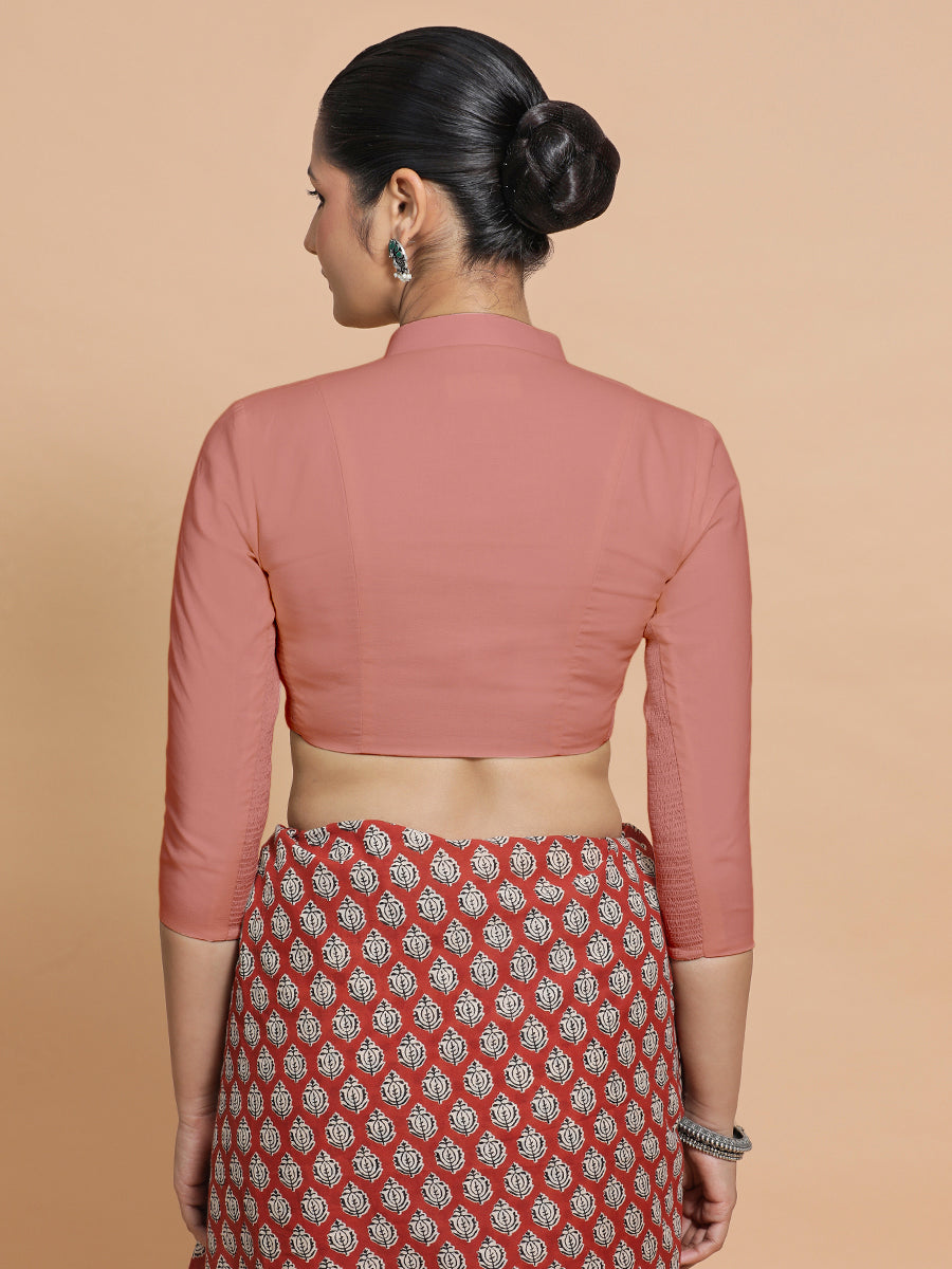 Minal x Rozaana Saree Blouse, in Peach Cotton, featuring three quarter sleeves and mandarin collar neckline (view 2).
