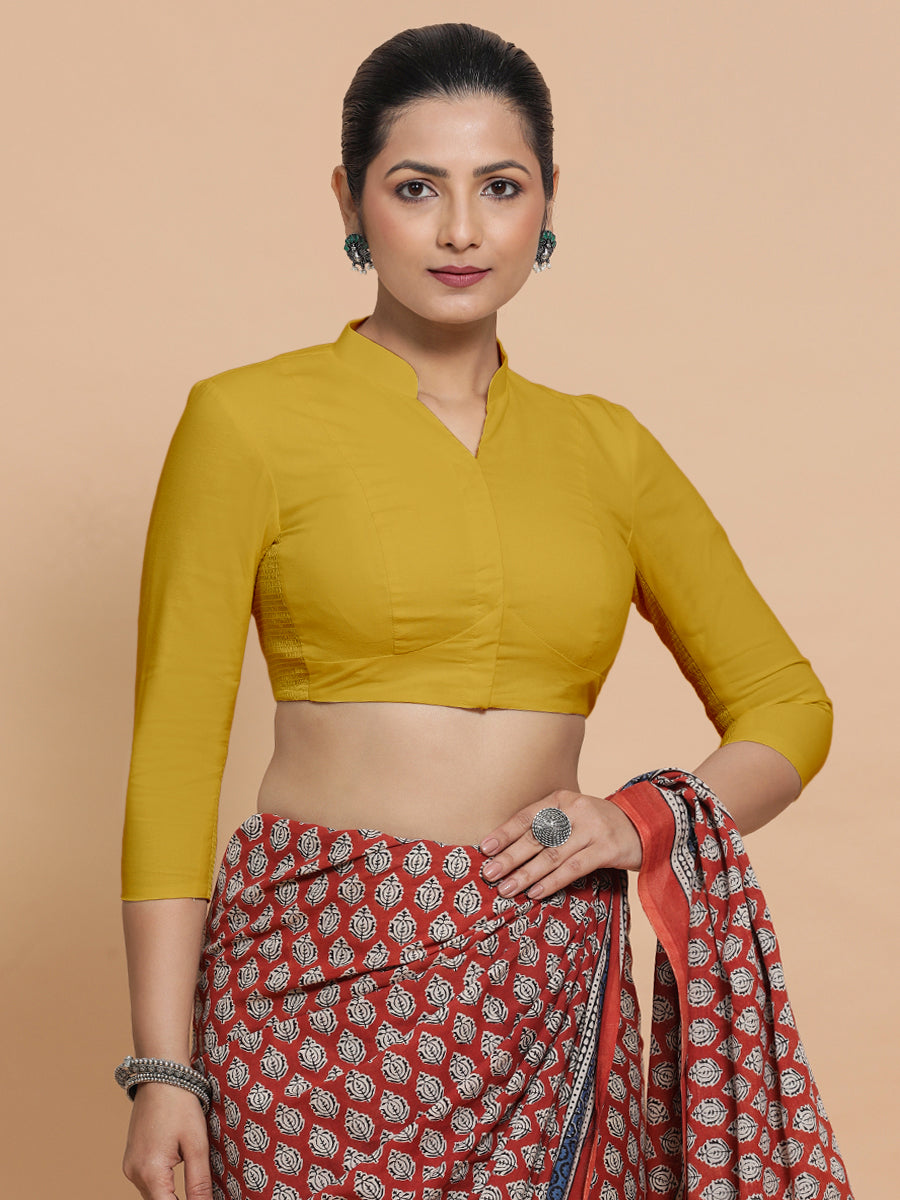 Minal x Rozaana Saree Blouse, in Yellow Cotton, featuring three quarter sleeves and mandarin collar neckline.