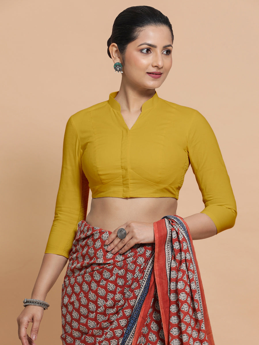 Minal x Rozaana Saree Blouse, in Yellow Cotton, featuring three quarter sleeves and mandarin collar neckline (view 5).