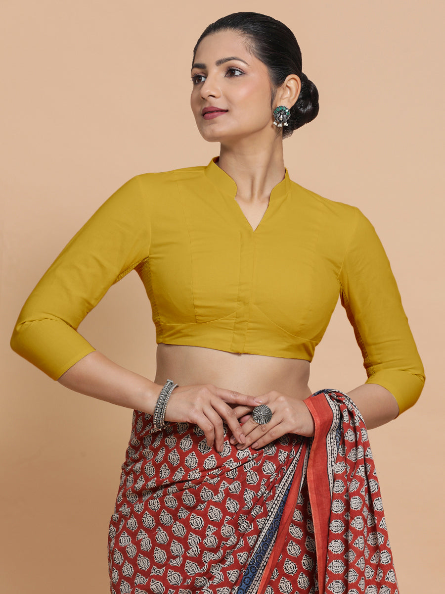 Minal x Rozaana Saree Blouse, in Yellow Cotton, featuring three quarter sleeves and mandarin collar neckline (view 6).